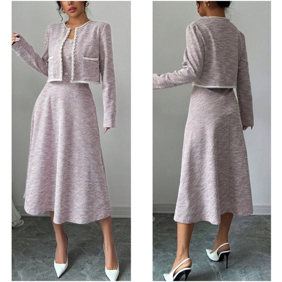 Classic Faux Pearl Tweed Open Front Jacket Dress Set - Picture 3 of 7